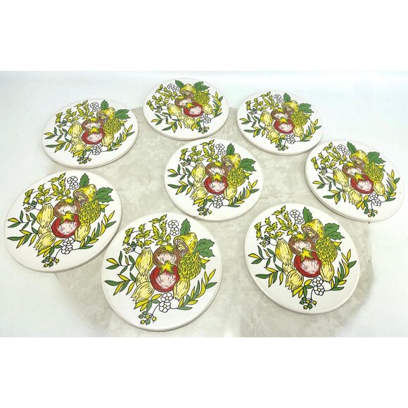 Vintage 70s decorative ceramic round tiles, vegetables print, set of 8 - Picture 3 of 10